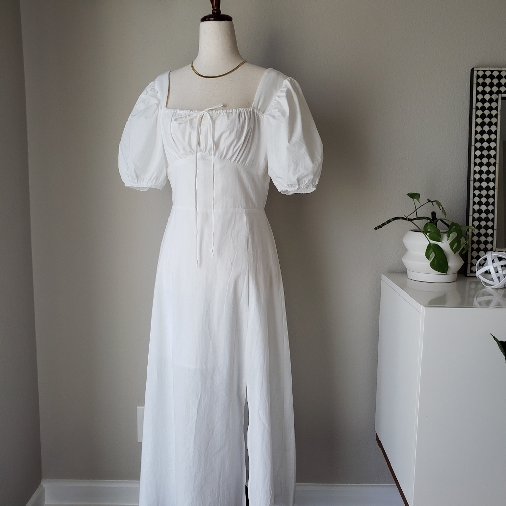 Square Neck Puff Sleeve Tie Bust Midi Maxi Dress - Picture 4 of 16